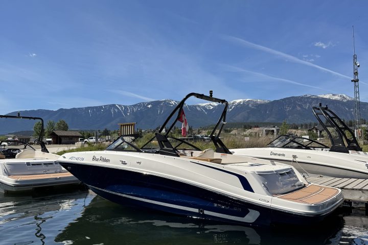 Boat docked beside a pier with mountains in the background under a clear blue sky.