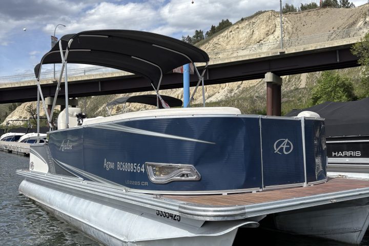 Blue pontoon boat docked on a lake under a cloudy sky.