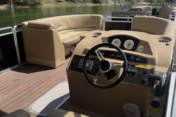 Interior of a beige motorboat with a steering wheel and dashboard controls, docked by a grassy shore.
