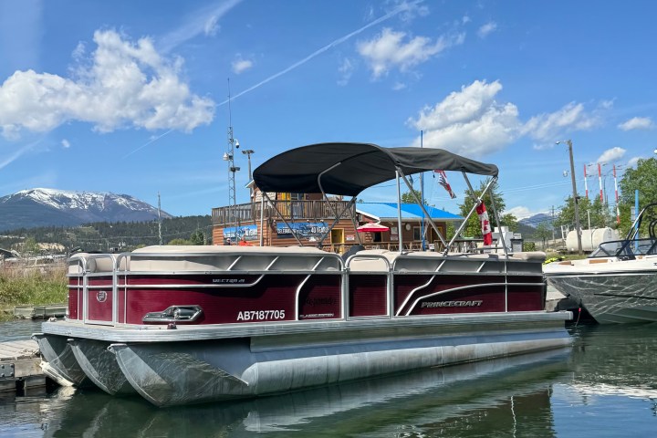 Pontoon boat docked on calm water, snowy mountain in background.