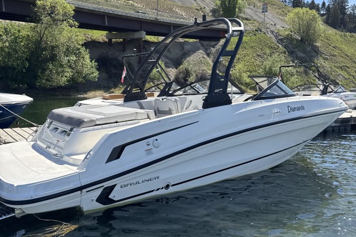 White speedboat docked on a clear lake next to a grassy hillside.